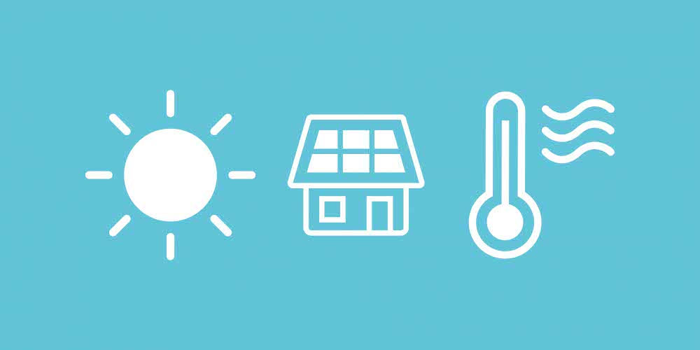 Illustrazione di una casa con pannelli fotovoltaici accanto ai simboli del sole e del termometro: l’energia del sole fa risparmiare sulla climatizzazione estiva