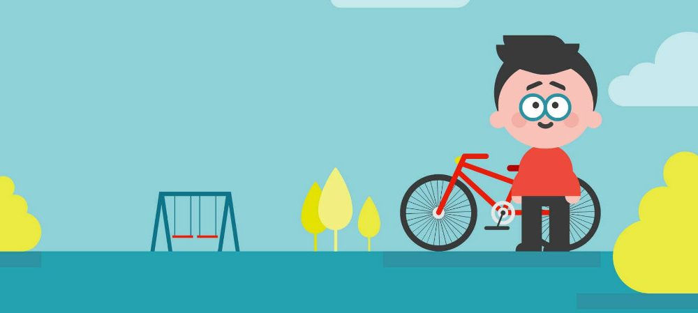 Illustrazione di un ragazzo con una bicicletta sullo sfondo di un parco giochi