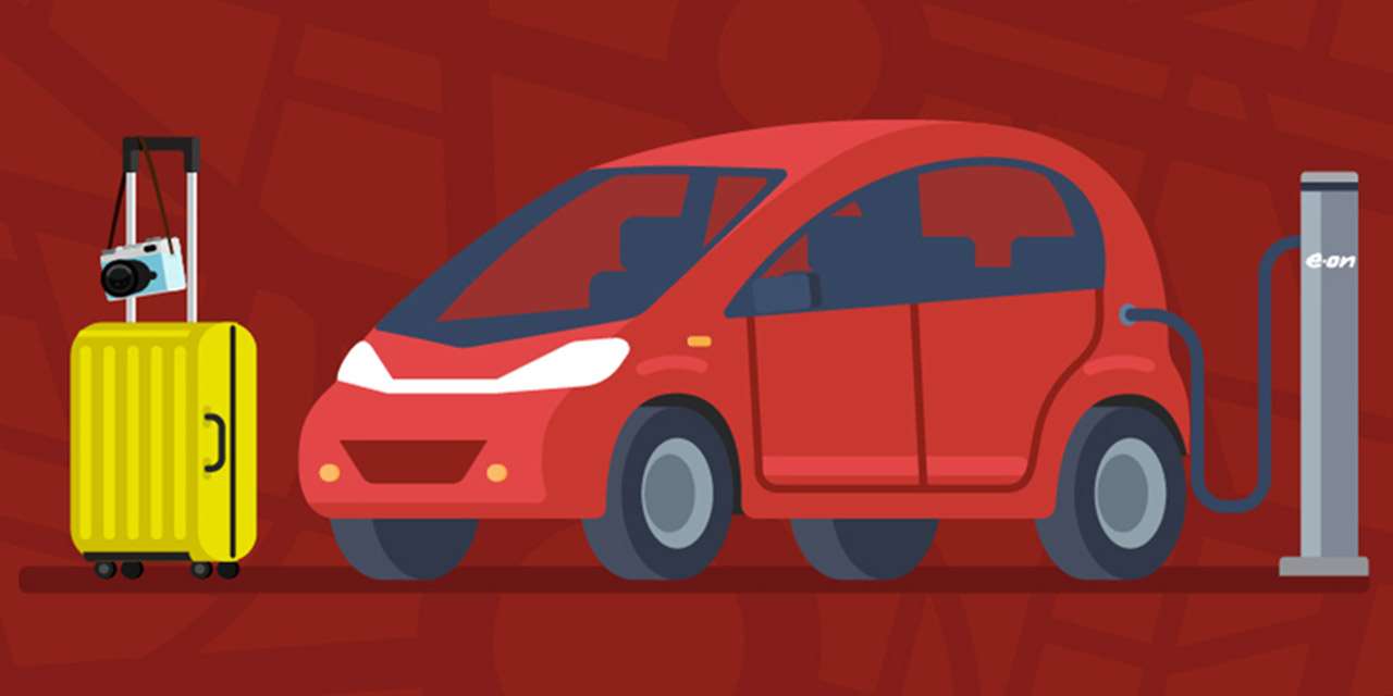 Illustrazione di un’auto elettrica in ricarica: le colonnine e il turismo sostenibile sono una opportunità per le imprese