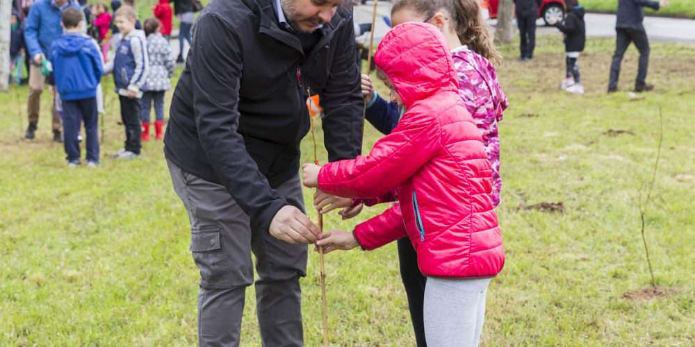 In un prato un insegnante spiega a dei ragazzi a utilizzare materiali come il legno per uno stile di vita ecosostenibile
