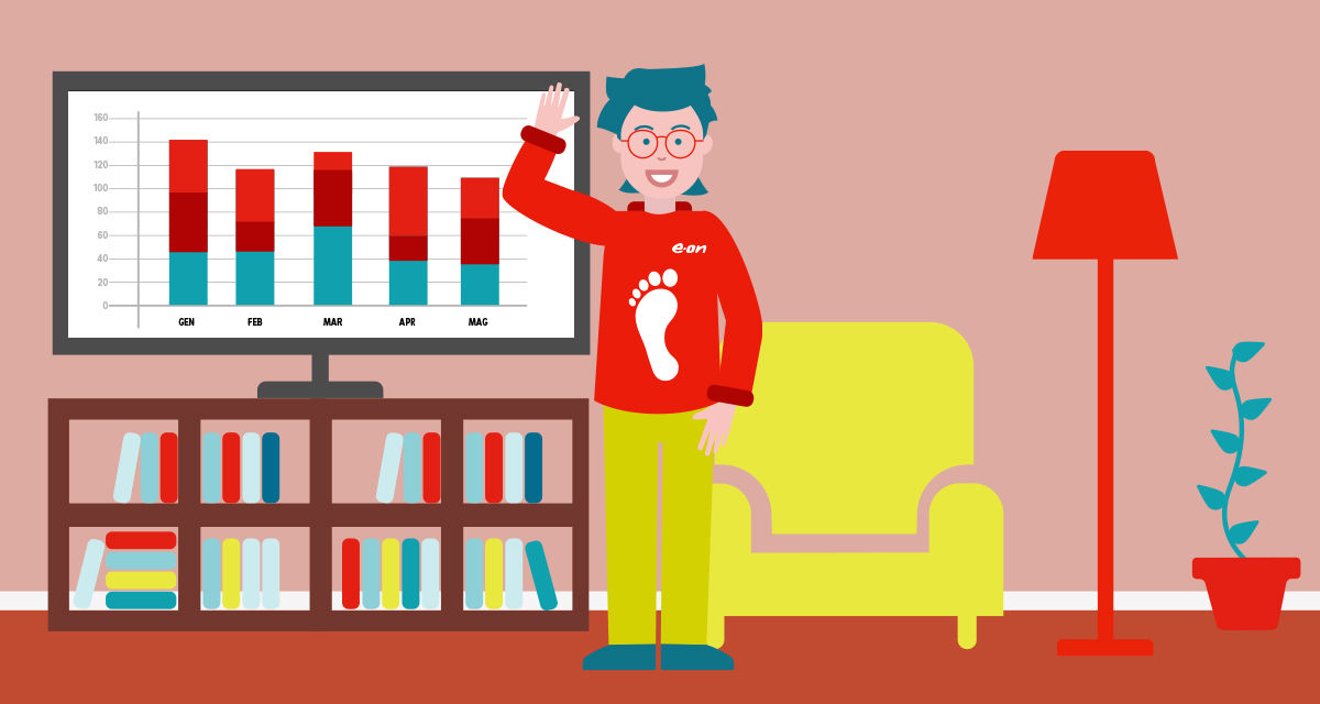 Illustrazione di una dipendente E.ON sorridente, vestita in modo casual e circondata di grafici e tabelle