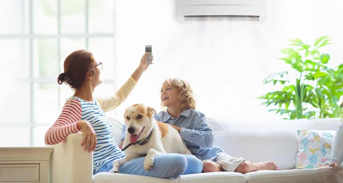 Una giovane donna sul divano, con il figlio e un cane, regola la temperatura della stanza: i climatizzatori sono un'ottima scelta per risparmiare sul raffrescamento domestico