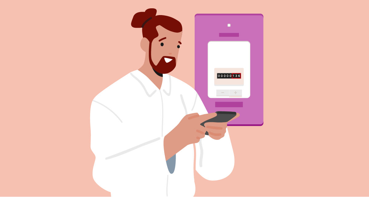 Illustrazione di un ragazzo che controlla il contatore della luce con lo smartphone.